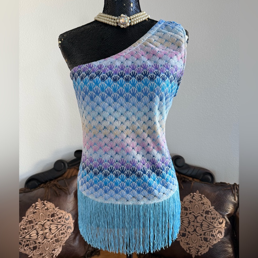 Boston Proper Pastel Blue Purple Pink Ombre One-Shoulder Fringe Sweater